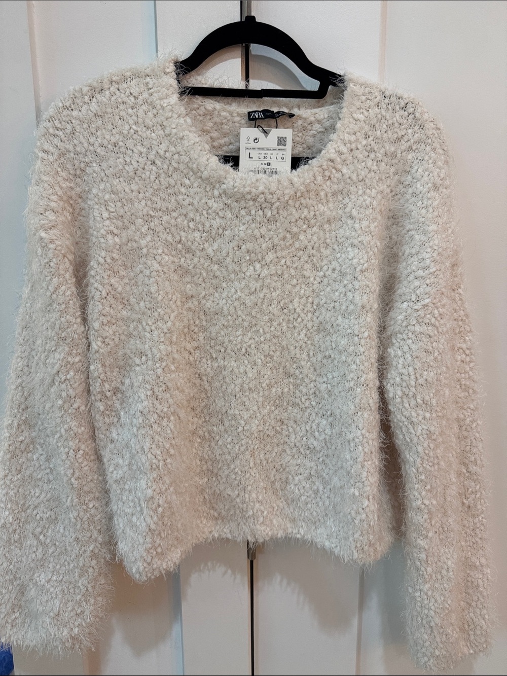 Zara Cream Fuzzy Crew Neck Sweater